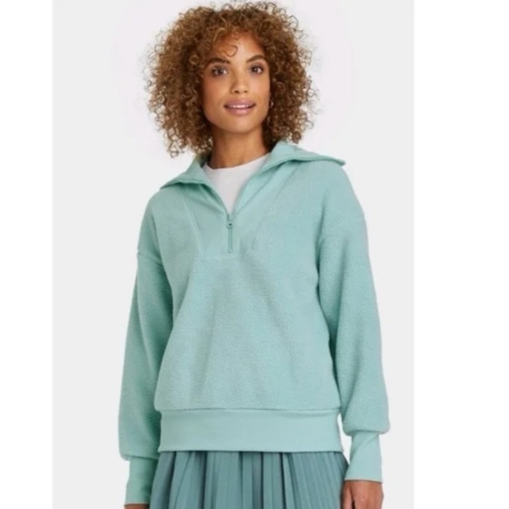 A New Day Teal Blue Sherpa Quarter-Zip Sweatshirt Pullover Sweater Size Small